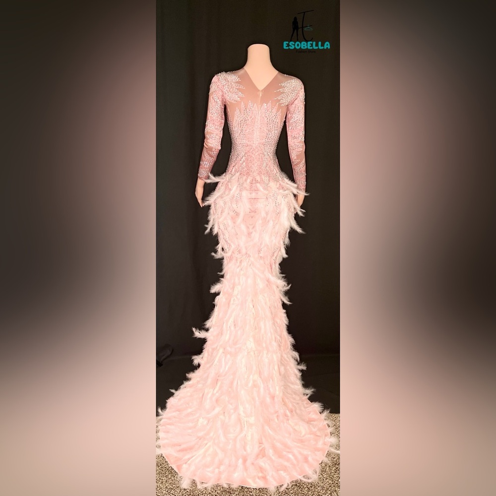 Pink Long-sleeve crystal-embellished bodycon floor-length feather dress